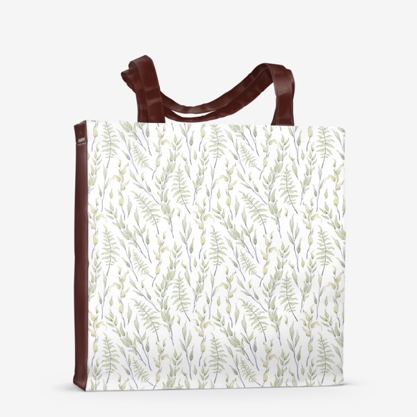 Сумка-шоппер «Акварельный нарисованный вручную бесшовный фон с нежными иллюстрациями веточек папоротника с зелеными листьями»