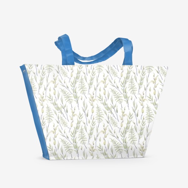 Пляжная сумка «Акварельный нарисованный вручную бесшовный фон с нежными иллюстрациями веточек папоротника с зелеными листьями»
