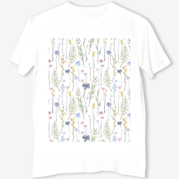 Футболка &laquo;Акварельный нарисованный вручную бесшовный фон с нежными весенними иллюстрациями абстрактных цветов, зеленых веточек&raquo;