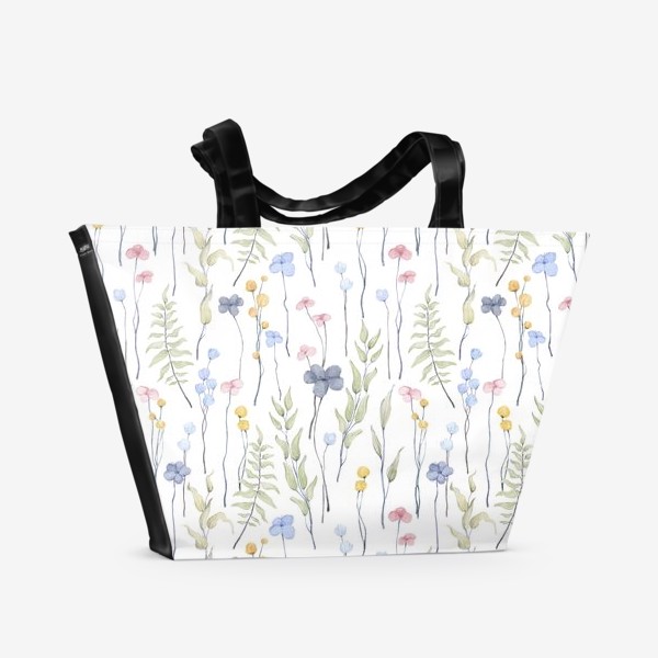 Пляжная сумка &laquo;Акварельный нарисованный вручную бесшовный фон с нежными весенними иллюстрациями абстрактных цветов, зеленых веточек&raquo;