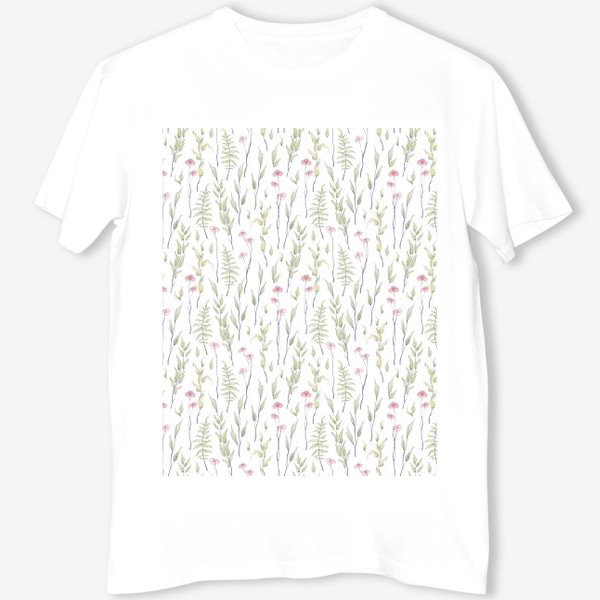 Футболка &laquo;Акварельный нарисованный вручную бесшовный фон с нежными весенними иллюстрациями розовых цветов, зеленых веточек&raquo;