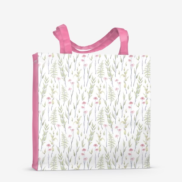 Сумка-шоппер «Акварельный нарисованный вручную бесшовный фон с нежными весенними иллюстрациями розовых цветов, зеленых веточек»