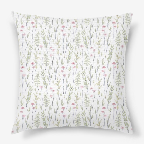 Подушка «Акварельный нарисованный вручную бесшовный фон с нежными весенними иллюстрациями розовых цветов, зеленых веточек»