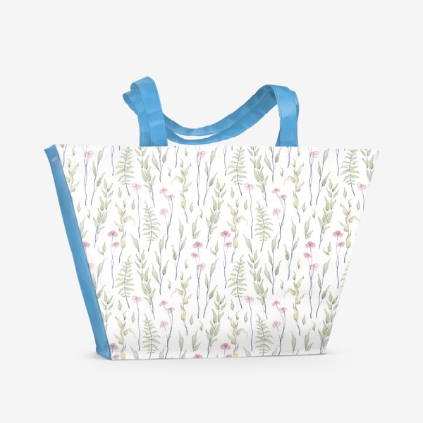 Пляжная сумка &laquo;Акварельный нарисованный вручную бесшовный фон с нежными весенними иллюстрациями розовых цветов, зеленых веточек&raquo;