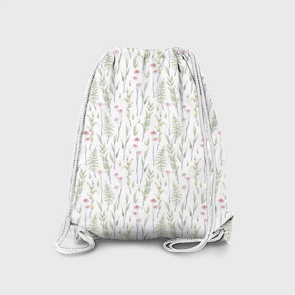 Рюкзак «Акварельный нарисованный вручную бесшовный фон с нежными весенними иллюстрациями розовых цветов, зеленых веточек»