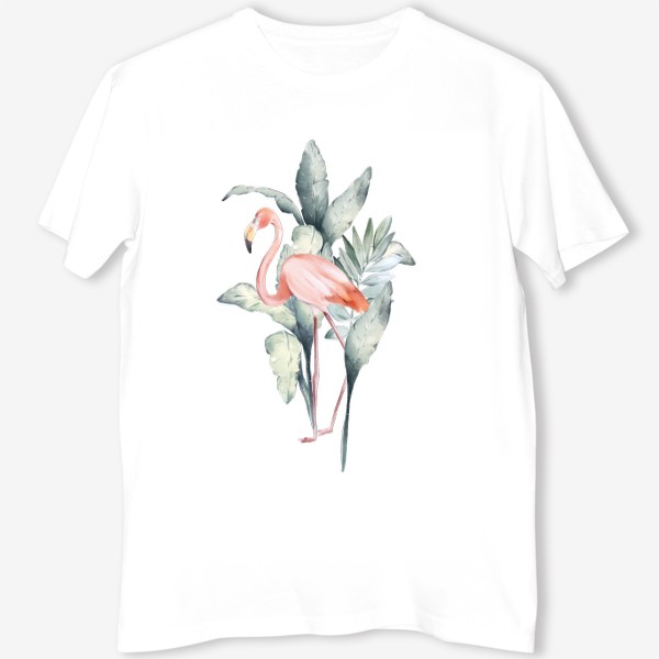 Футболка «Акварельная нарисованная вручную яркая иллюстрация с розовым фламинго в зеленых тропических листья. Птица Африки»