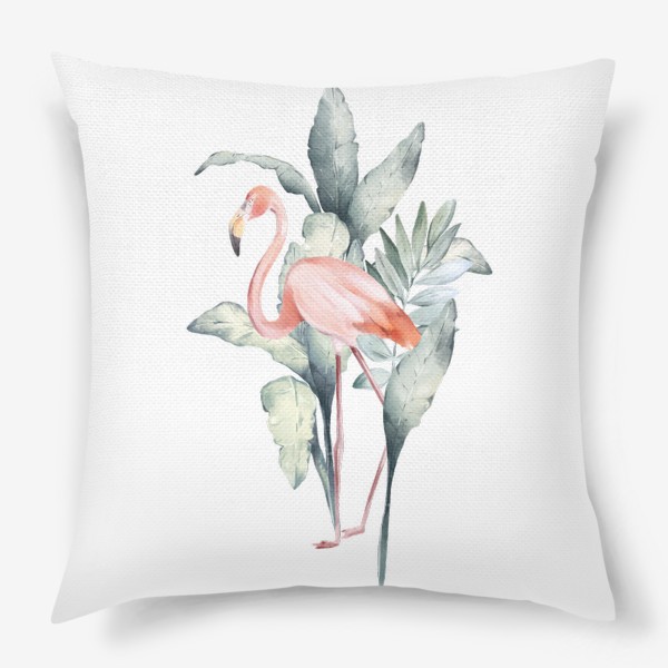 Подушка «Акварельная нарисованная вручную яркая иллюстрация с розовым фламинго в зеленых тропических листья. Птица Африки»