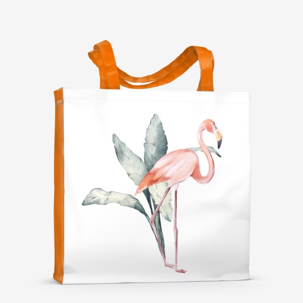 Сумка-шоппер «Акварельная нарисованная вручную яркая иллюстрация с розовым фламинго в зеленых тропических листья. Птица Африки»