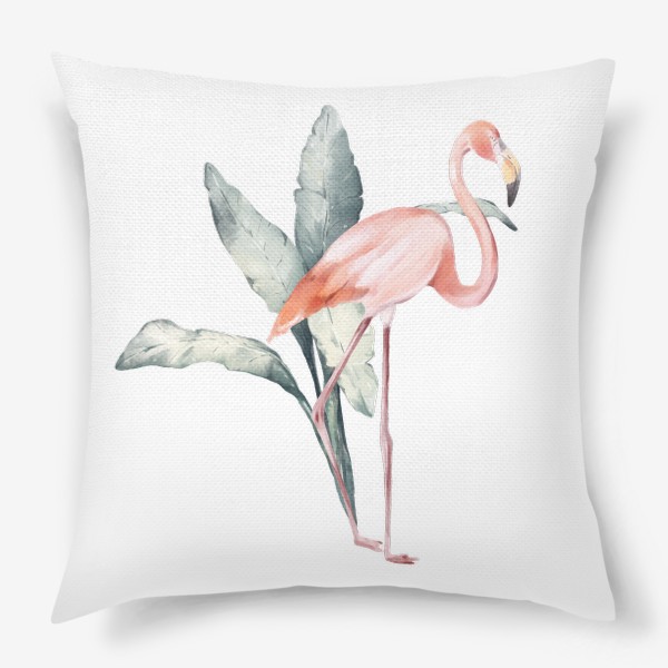 Подушка «Акварельная нарисованная вручную яркая иллюстрация с розовым фламинго в зеленых тропических листья. Птица Африки»