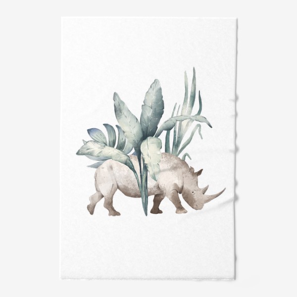 Полотенце &laquo;Акварельная нарисованная вручную яркая иллюстрация с носорогом в зеленых тропических листьях. Животные Африки&raquo;