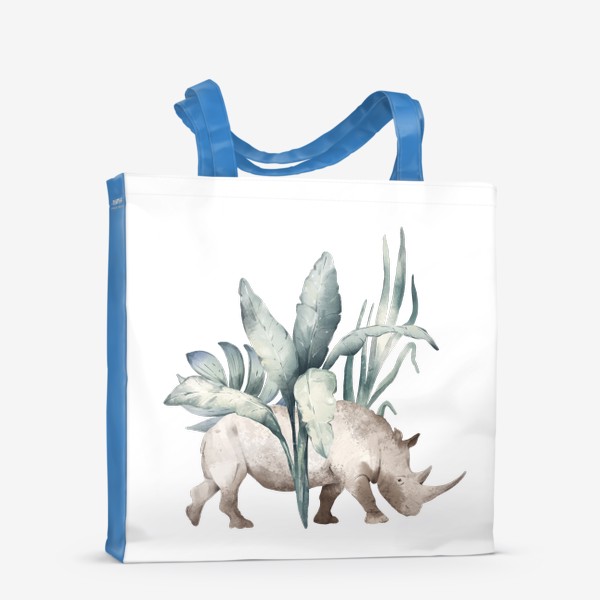 Сумка-шоппер «Акварельная нарисованная вручную яркая иллюстрация с носорогом в зеленых тропических листьях. Животные Африки»