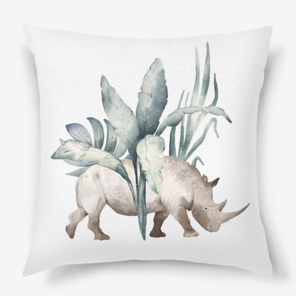 Подушка «Акварельная нарисованная вручную яркая иллюстрация с носорогом в зеленых тропических листьях. Животные Африки»