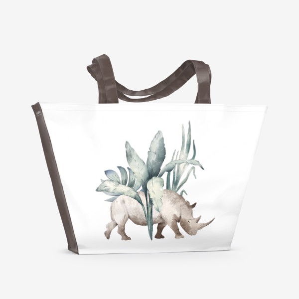 Пляжная сумка «Акварельная нарисованная вручную яркая иллюстрация с носорогом в зеленых тропических листьях. Животные Африки»