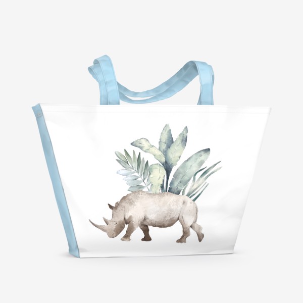Пляжная сумка «Акварельная нарисованная вручную яркая иллюстрация с носорогом в зеленых тропических листьях. Животные Африки»