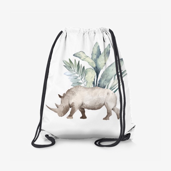 Рюкзак «Акварельная нарисованная вручную яркая иллюстрация с носорогом в зеленых тропических листьях. Животные Африки»