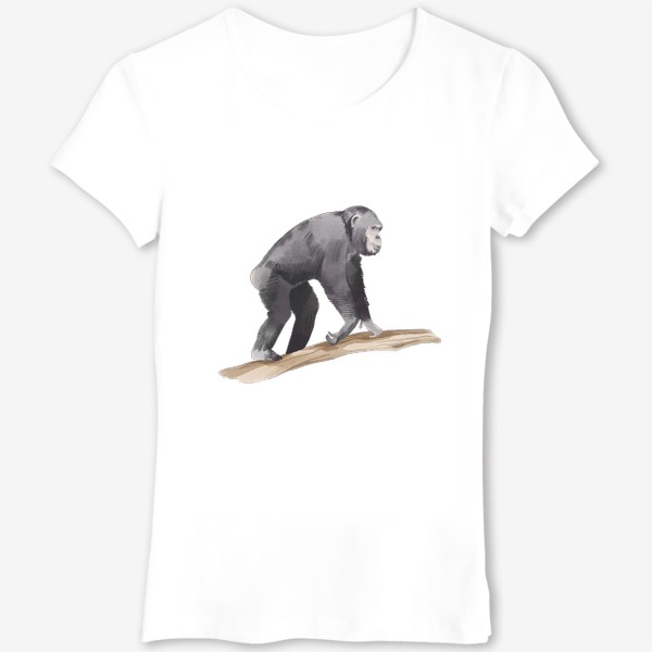Футболка «Акварельная нарисованная вручную яркая иллюстрация с шимпанзе на ветке дерева. Животные Африки. Обезьяна, зоопарк»