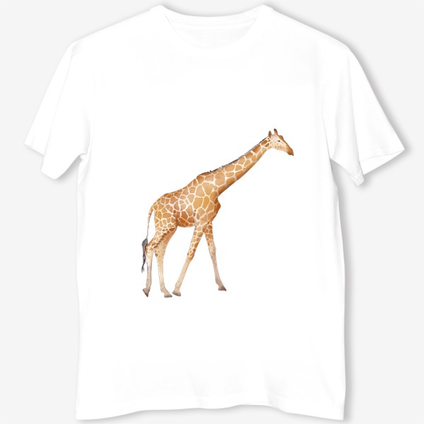 Футболка «Акварельная нарисованная вручную яркая иллюстрация с пятнистым оранжевым жирафом. Животные Африки, зоопарк»