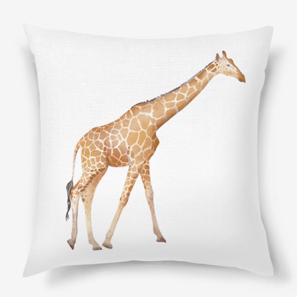Подушка &laquo;Акварельная нарисованная вручную яркая иллюстрация с пятнистым оранжевым жирафом. Животные Африки, зоопарк&raquo;