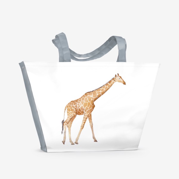 Пляжная сумка «Акварельная нарисованная вручную яркая иллюстрация с пятнистым оранжевым жирафом. Животные Африки, зоопарк»