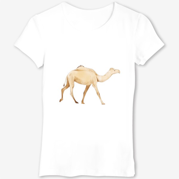 Футболка &laquo;Акварельная нарисованная вручную яркая иллюстрация с бежевым одногорбым верблюдом. Животные Африки, зоопарк&raquo;