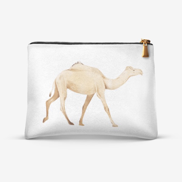 Косметичка &laquo;Акварельная нарисованная вручную яркая иллюстрация с бежевым одногорбым верблюдом. Животные Африки, зоопарк&raquo;