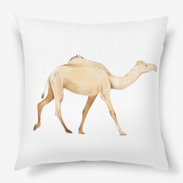 Подушка «Акварельная нарисованная вручную яркая иллюстрация с бежевым одногорбым верблюдом. Животные Африки, зоопарк»