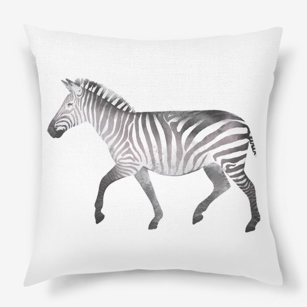 Подушка «Акварельная нарисованная вручную яркая иллюстрация с полосатой черно-белой зеброй. Животные Африки, зоопарк»