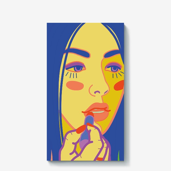 Холст «портрет девушки с синими волосами, которая красит губы губной помадой»