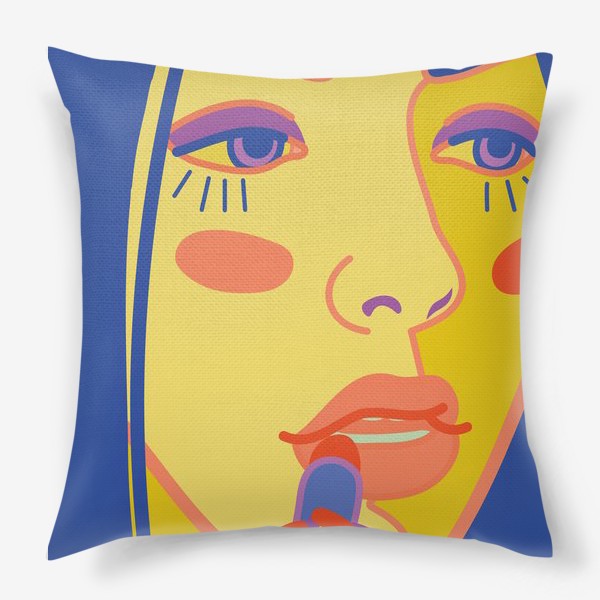 Подушка «портрет девушки с синими волосами, которая красит губы губной помадой»