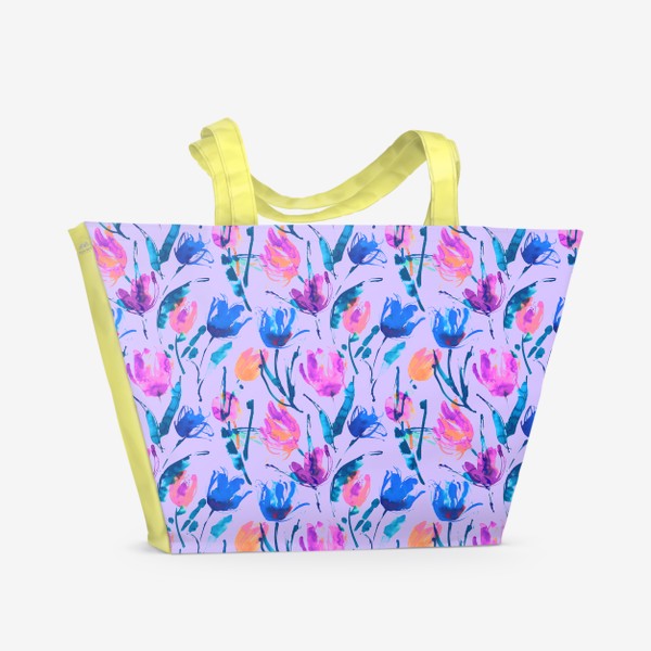 Пляжная сумка «Акварельные тюльпаны на сиреневом»