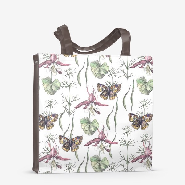 Сумка-шоппер «Ботанический паттерн с цветами, травами и бабочками»