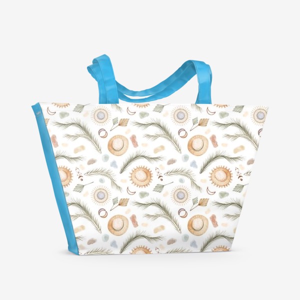 Пляжная сумка «Акварельный нарисованный вручную бесшовный фон с иллюстрациями декора для дома в бохо стиле. Тропические листья, шляпы»
