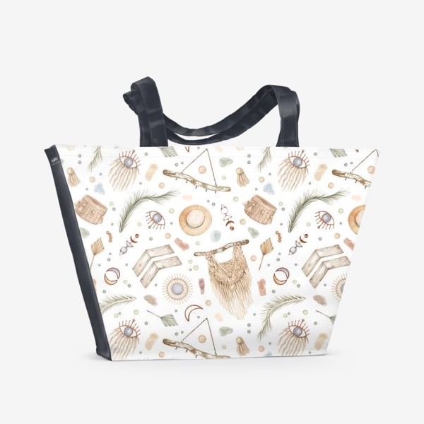 Пляжная сумка «Акварельный нарисованный вручную бесшовный фон с иллюстрациями декора для дома в бохо стиле. Макраме, тропические листья»