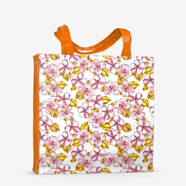Сумка-шоппер «Весенний паттерн с цветами сакуры, золотыми листьями и бусинами»