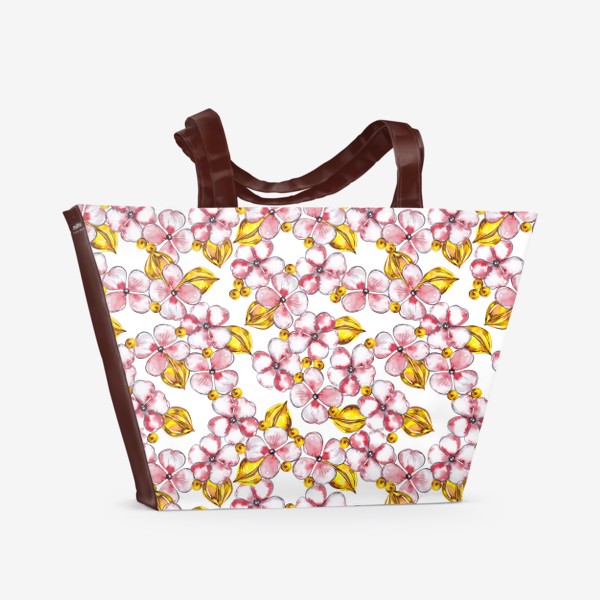 Пляжная сумка &laquo;Весенний паттерн с цветами сакуры, золотыми листьями и бусинами&raquo;