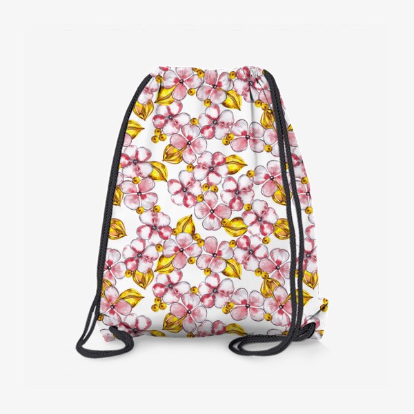 Рюкзак «Весенний паттерн с цветами сакуры, золотыми листьями и бусинами»