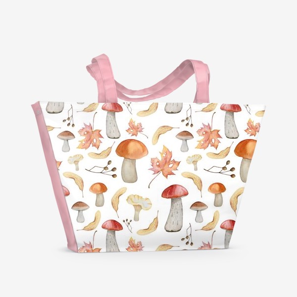 Пляжная сумка «Осенний акварельный паттерн с грибами и листьями»