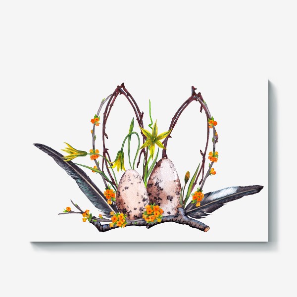Холст «Лесная Пасха Цветочная композиция с яйцами и перьями ласточки»
