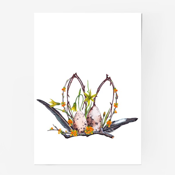 Постер «Лесная Пасха Цветочная композиция с яйцами и перьями ласточки»