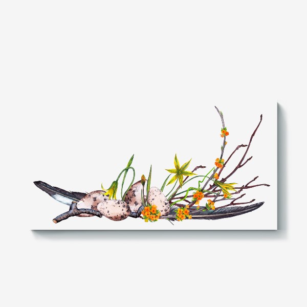 Холст «Лесная Пасха Цветочная композиция с яйцами и перьями ласточки»