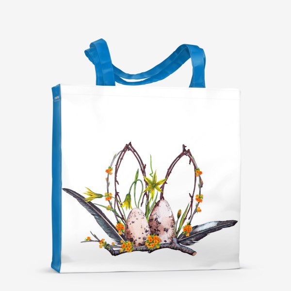 Сумка-шоппер «Лесная Пасха Цветочная композиция с яйцами и перьями ласточки»