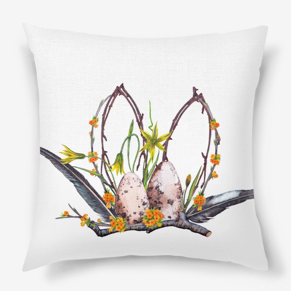 Подушка «Лесная Пасха Цветочная композиция с яйцами и перьями ласточки»