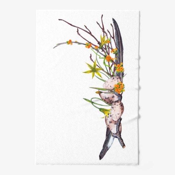 Полотенце «Лесная Пасха Цветочная композиция с яйцами и перьями ласточки»