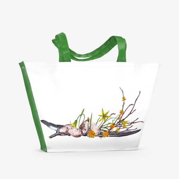 Пляжная сумка «Лесная Пасха Цветочная композиция с яйцами и перьями ласточки»