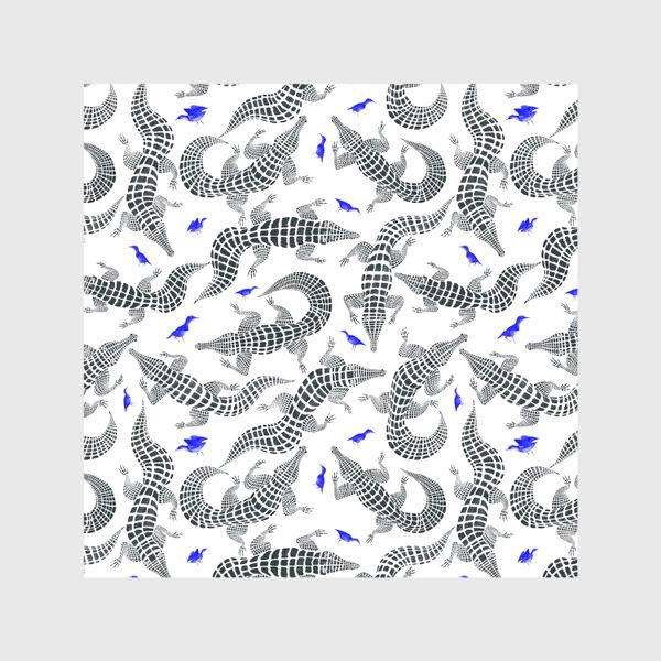 Шторы «Графичный нарисованный вручную бесшовный фон с стильными крокодилами и синими птицами. Иллюстрация карандашом»