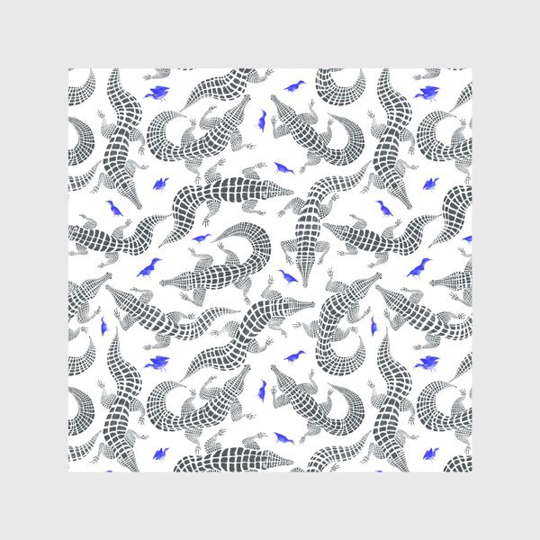 Скатерть &laquo;Графичный нарисованный вручную бесшовный фон с стильными крокодилами и синими птицами. Иллюстрация карандашом&raquo;