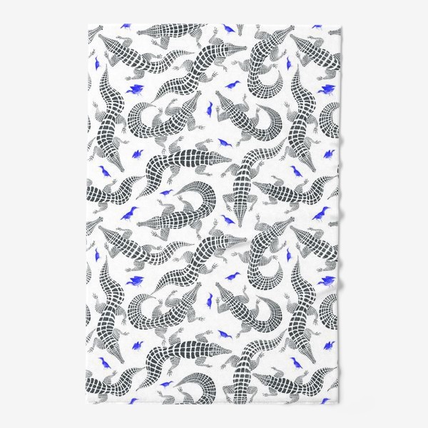 Полотенце «Графичный нарисованный вручную бесшовный фон с стильными крокодилами и синими птицами. Иллюстрация карандашом»