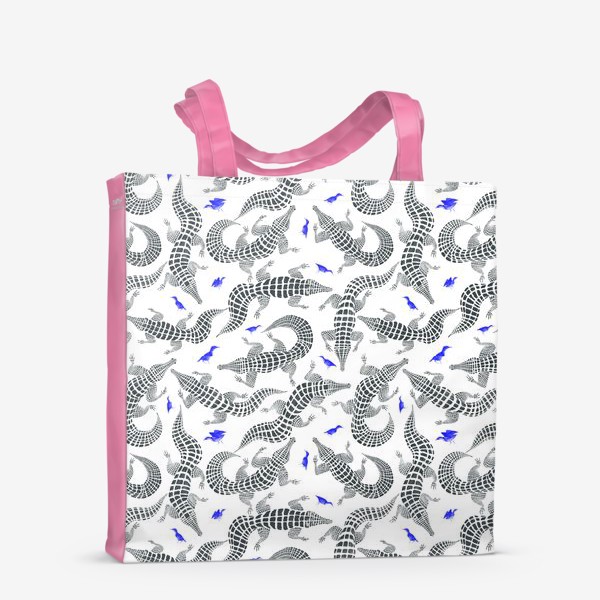 Сумка-шоппер &laquo;Графичный нарисованный вручную бесшовный фон с стильными крокодилами и синими птицами. Иллюстрация карандашом&raquo;