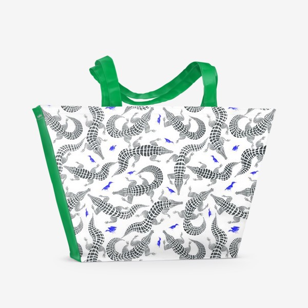 Пляжная сумка «Графичный нарисованный вручную бесшовный фон с стильными крокодилами и синими птицами. Иллюстрация карандашом»