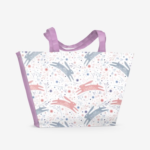 Пляжная сумка &laquo;Акварельный нарисованный вручную бесшовный фон с символами нового года. Кролики на лужайке&raquo;